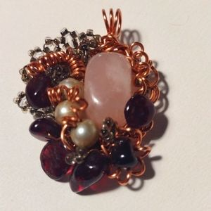 Copper wire wrapped pendant rose quartz pearl garnet